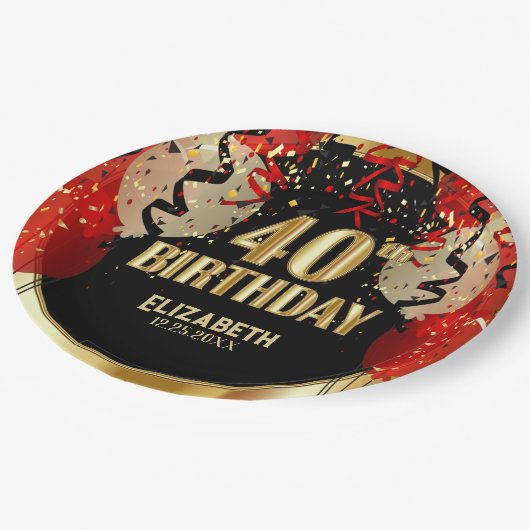 40歳の誕生日 – 赤い風船🎈 ペーパープレート (アングル)