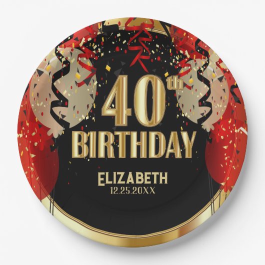 40歳の誕生日 – 赤い風船🎈 ペーパープレート (正面)