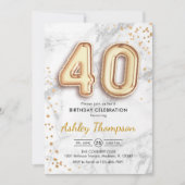 40歳の誕生日 – 金ゴールドバルーン大理石効果 招待状 (正面)