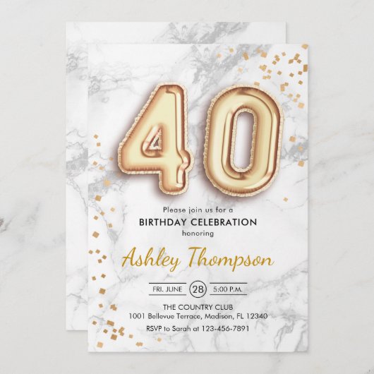 40歳の誕生日 – 金ゴールドバルーン大理石効果 招待状 (正面/裏面)