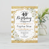 40歳の誕生日 – 金ゴールド白ストライプバラ 招待状 (スタンド正面)