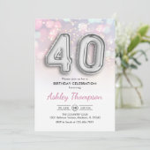 40歳の誕生日 – 銀色の風船ピンクライト 招待状 (スタンド正面)
