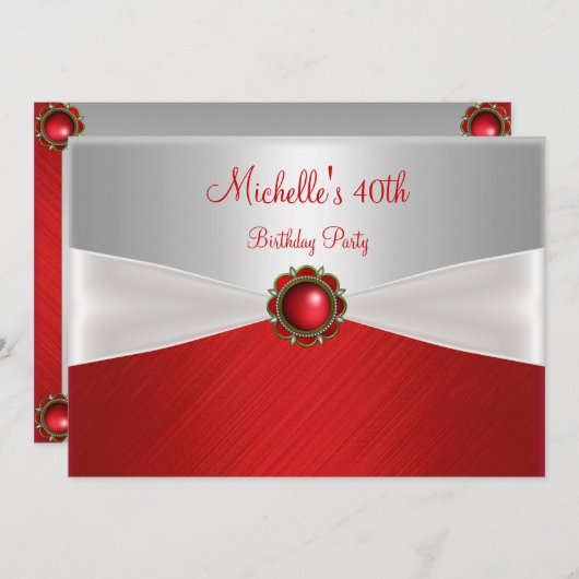40歳の誕生日 銀色 白 赤 ジュエルのエレガント 招待状 (正面/裏面)