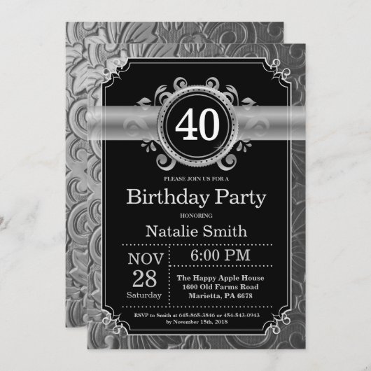 40歳の誕生日 黒とシルバーのグリッター  招待状 (正面/裏面)