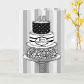 40歳の誕生日、3段の黒/白パターンケーキ カード (黄色い花)