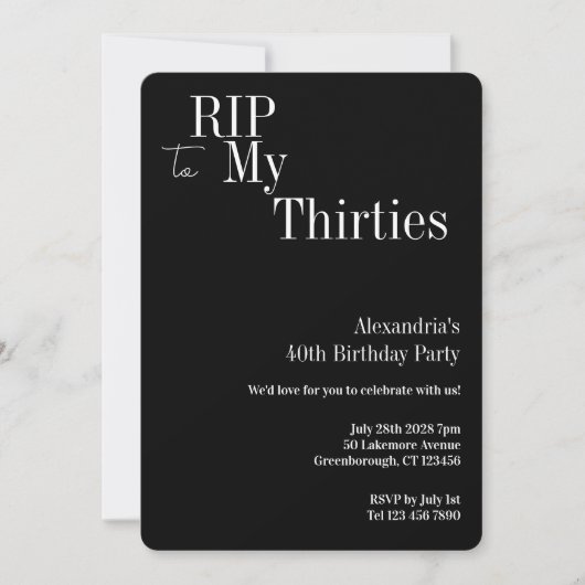 40歳の誕生日 RIP 30代 ブラック&ホワイトパーティー 招待状 (正面)