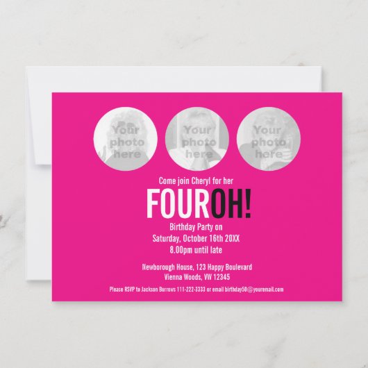 40歳の誕生日FOUR OH！フォトピンクのレトロな風景 招待状 (裏面)