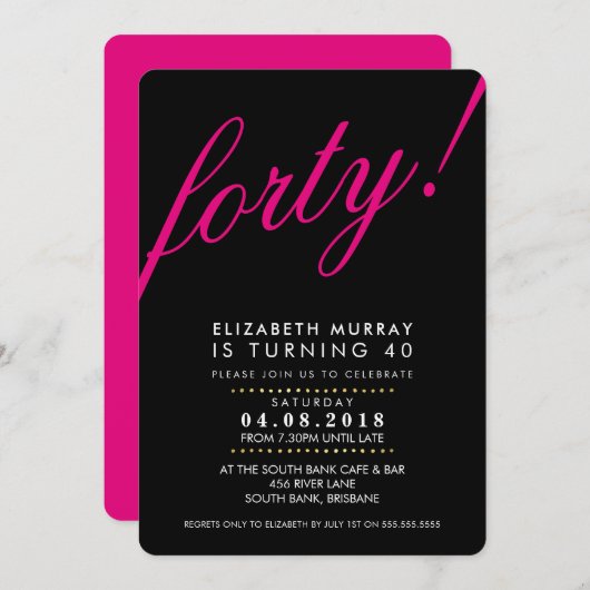 40歳はっきりしたの誕生日パーティー招待状スクリプト黒ピンク 招待状 (正面/裏面)
