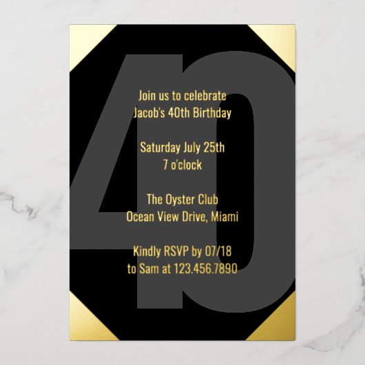 40歳はっきりした誕生日ラックスブラック&金ゴールド 箔招待状 (正面)