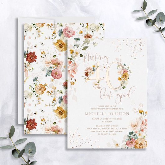 40歳をステキに Floral Rose Gold 箔招待状