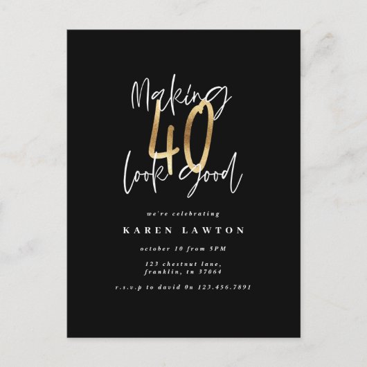40歳を素敵に魅せる モダンゴールドとブラックの誕生日 ポストカード (正面)