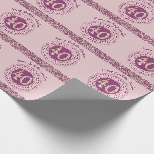 40歳エレガントの誕生日バラ金ゴールドグリッターとストライプ ラッピングペーパー (角)