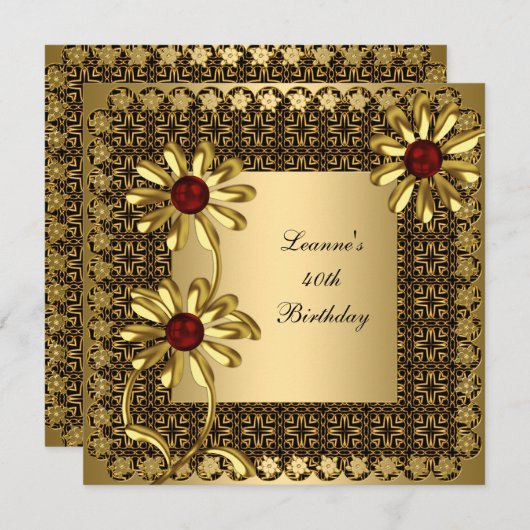 40歳エレガントの誕生日パーティーエキゾチック金ゴールドフローラ 招待状 (正面/裏面)
