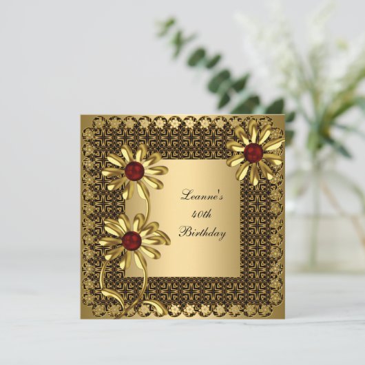40歳エレガントの誕生日パーティーエキゾチック金ゴールドフローラ 招待状 (スタンド正面)