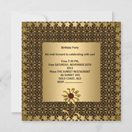 40歳エレガントの誕生日パーティーエキゾチック金ゴールドフローラ 招待状 (裏面)