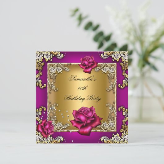 40歳エレガントの誕生日パーティーピンクローズ金ゴールド 招待状 (スタンド正面)