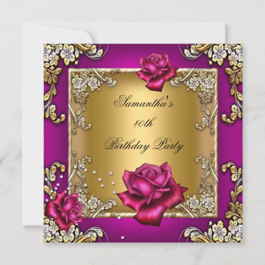 40歳エレガントの誕生日パーティーピンクローズ金ゴールド 招待状 (正面)