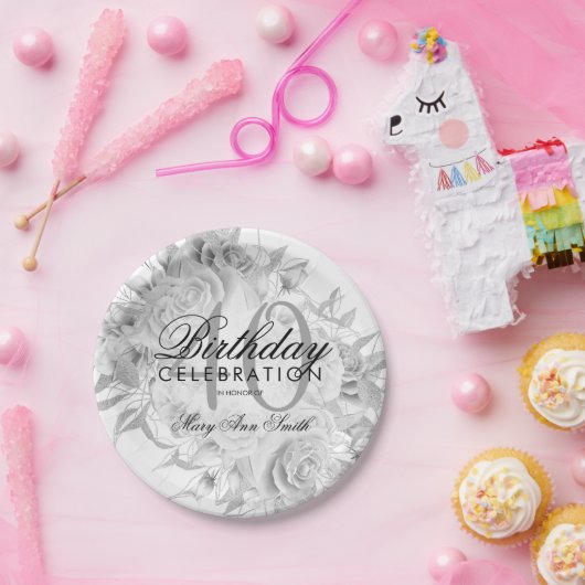 40歳エレガントの誕生日パーティーフローラシルバーホワイト ペーパープレート (パーティー)