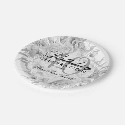40歳エレガントの誕生日パーティーフローラシルバーホワイト ペーパープレート (アングル)