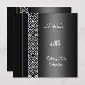 40歳エレガントの誕生日パーティーブラックシルバートリム 招待状 (正面/裏面)