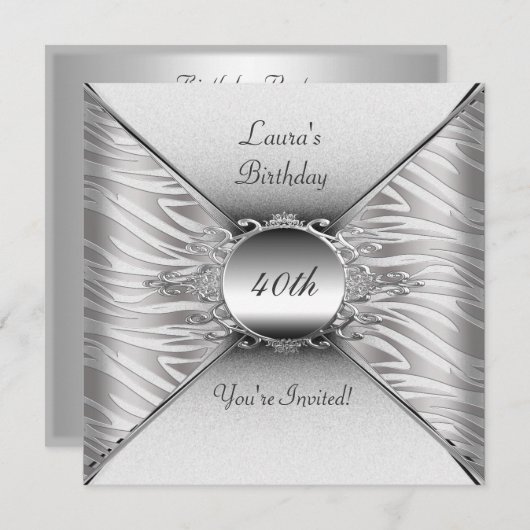 40歳エレガントの誕生日パーティーホワイトシルバー 招待状 (正面/裏面)
