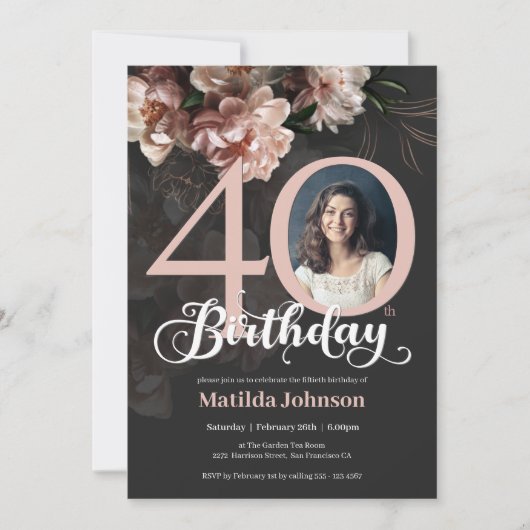 40歳エレガントの誕生日ピンク緑豊かなフローラムーディー写真 招待状 (正面)