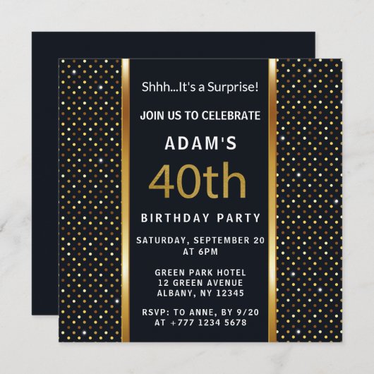 40歳エレガントパーソナライズされたの誕生日金ゴールドと黒 招待状 (正面/裏面)