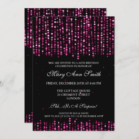 40歳エレガント誕生日パーティースター紙吹雪ピンク 招待状 (正面/裏面)