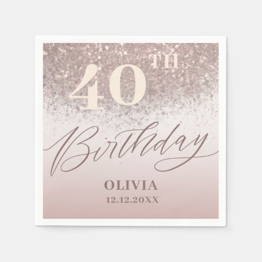 40歳エレガント誕生日パーティーバラ金ゴールドグリッター スタンダードカクテルナプキン (正面)