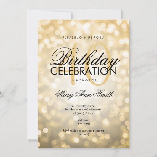 40歳エレガント誕生日パーティー金ゴールドグリッター灯 招待状 (正面)