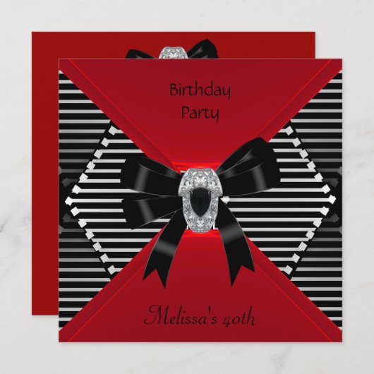 40歳エレガント誕生日レッドブラックシルバーストライプ 招待状 (正面/裏面)