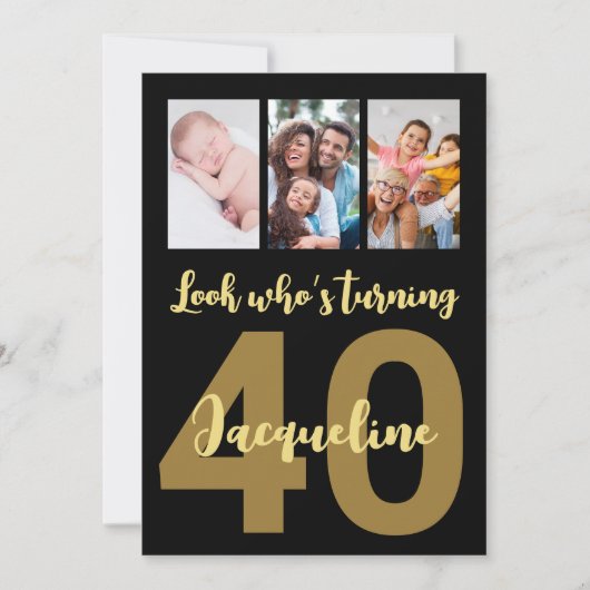 40歳カスタムの誕生日金ゴールドモダン写真コラージュ 招待状 (正面)