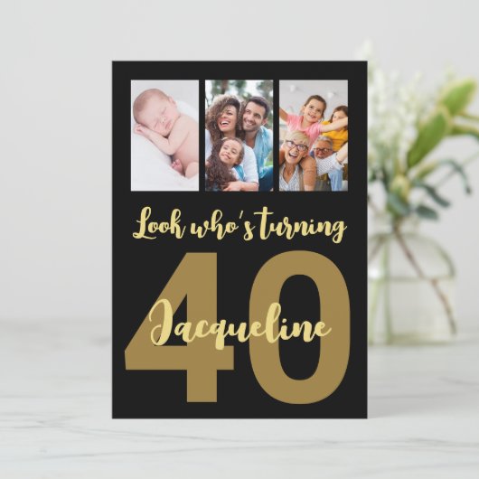 40歳カスタムの誕生日金ゴールドモダン写真コラージュ 招待状 (スタンド正面)