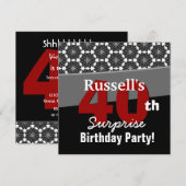 40歳サプライズ誕生日モダン ブラック ホワイト レッド V34 招待状 (正面/裏面)
