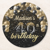 40歳パーソナライズされた誕生日ブラック金ゴールド ラウンドペーパーコースター (正面)