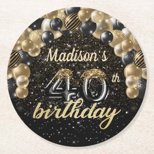 40歳パーソナライズされた誕生日ブラック金ゴールド ラウンドペーパーコースター (正面)