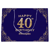 40歳パーティーネイビーブルーと金ゴールドグリッター ラージペーパーバッグ (正面)