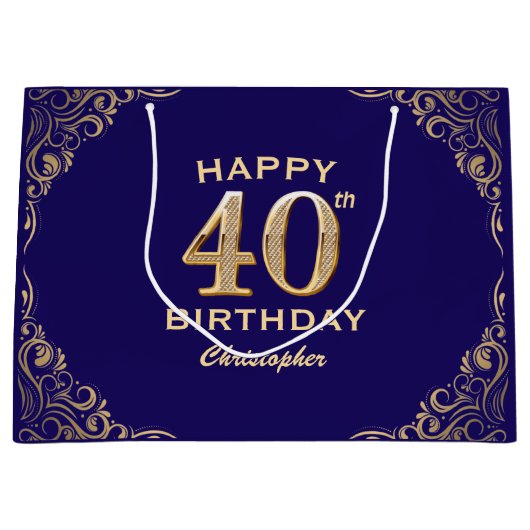 40歳パーティーネイビーブルーと金ゴールドグリッター ラージペーパーバッグ (正面)