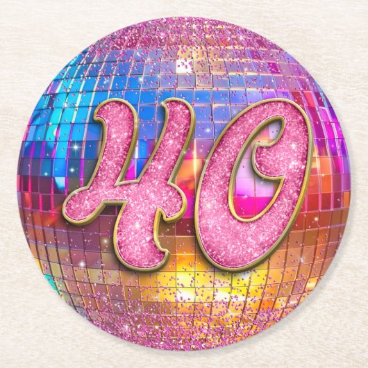 40歳パーティー金ゴールドピンクグリッターディスコボール ラウンドペーパーコースター (正面)