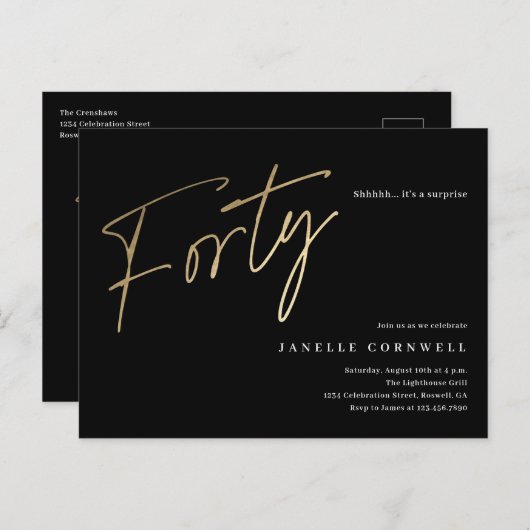 40歳モダンの誕生日のシンプルスクリプエレガントト インビテーションポストカード (正面/裏面)