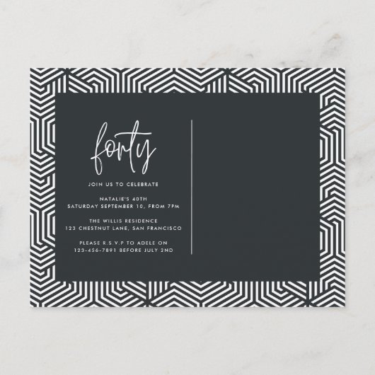 40歳モダンの誕生日シンプルのスタイリッシュスクリプエレガントト インビテーションポストカード (裏面)
