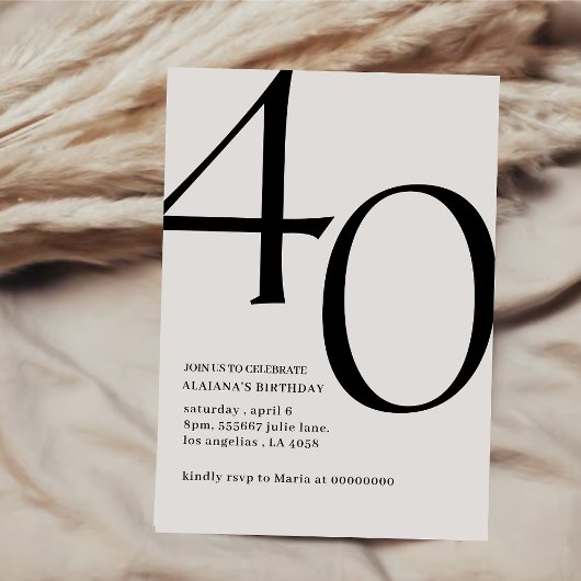 40歳モダンの誕生日シンプルのスタイリッシュスクリプエレガントト 招待状