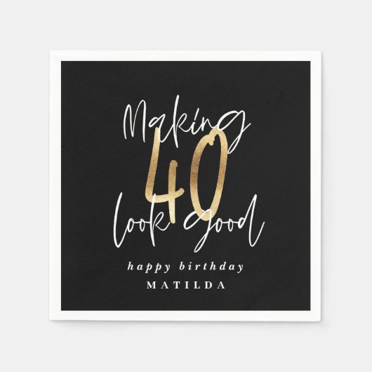 40歳モダンの誕生日タイポグラフィ金ゴールドパーツデコル スタンダードカクテルナプキン (正面)