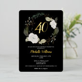 40歳モダンの誕生日パーティーフローラリース金ゴールド 箔招待状 (立ち正面)