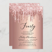 40歳モダンの誕生日パーティー滴下バラ金ゴールド 招待状 (正面/裏面)