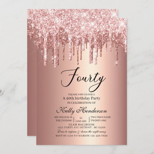 40歳モダンの誕生日パーティー滴下バラ金ゴールド 招待状 (正面/裏面)