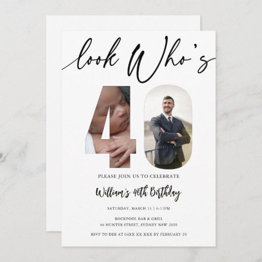 40歳モダンの誕生日 – 見て誰40歳！2枚の 招待状 (正面/裏面)