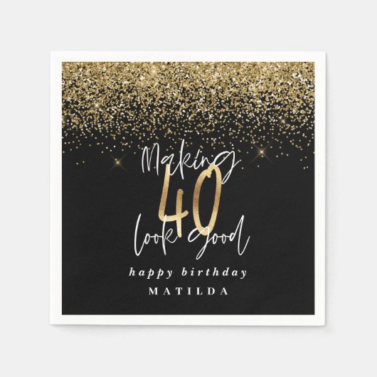 40歳モダン誕生日タイポグラフィ金ゴールドグリッターパーティー スタンダードカクテルナプキン (正面)