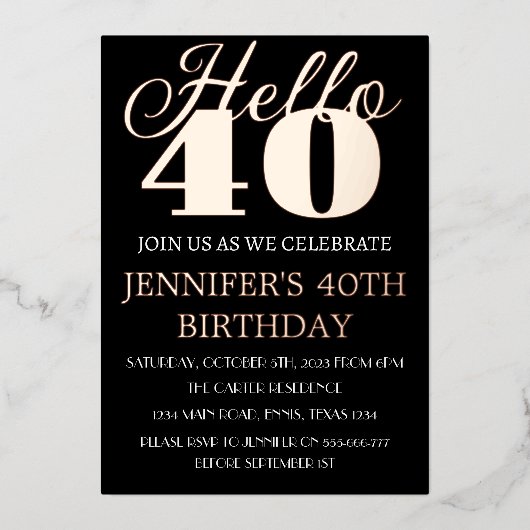40歳モダン誕生日ブラックバラゴールドフォイルQRコード 箔招待状 (正面)