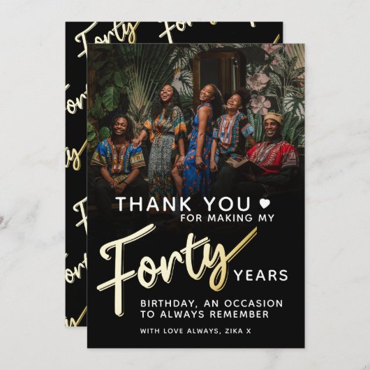 40歳モダン金ゴールドブラック40歳の文字 サンキューカード (正面/裏面)